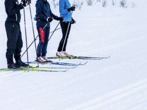 three people on skis awaiting instruction